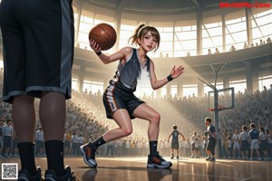 A girl holding a basketball in front of a crowd.