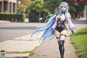 A woman with blue hair sitting on a bench.