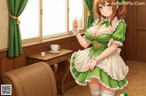 A woman in a green dress and white stockings.