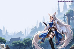 A woman in a blue and gold outfit holding a sword.