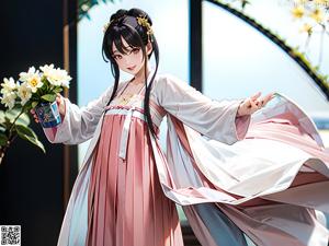 A woman in a long dress holding a fan.