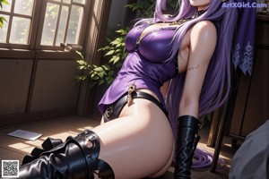 A woman with purple hair wearing a black and purple outfit.