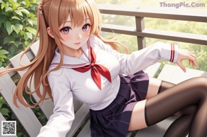 A girl in a school uniform is sitting on a bed.