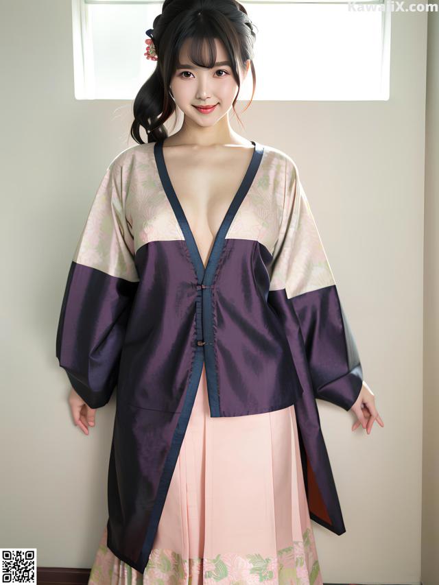 A woman in a purple and pink kimono posing for a picture.