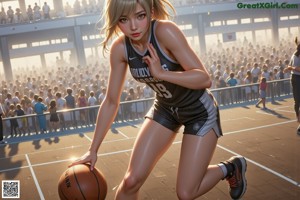 A girl in a basketball uniform dribbling a basketball on a court.