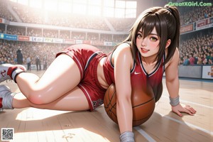 A woman in a basketball uniform holding a basketball on a court.