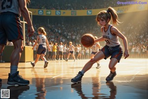 A girl holding a basketball on a basketball court.