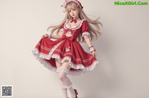 A woman in a red and white dress and a bunny hat.