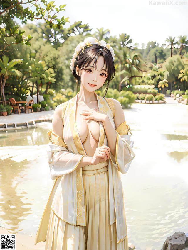 A woman in a yellow kimono standing next to a body of water.