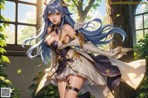 A woman with blue hair sitting on a tree branch.