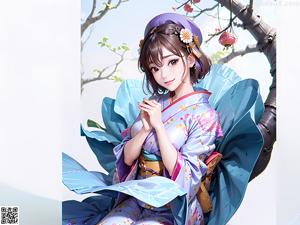 A woman in a kimono sitting on a wooden bench.