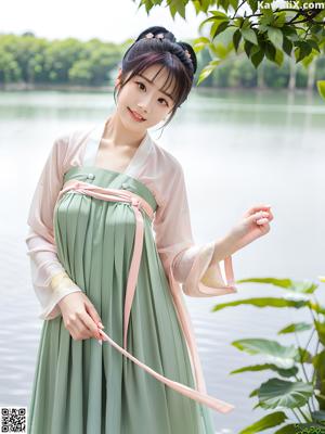 A woman in a green and pink hanbok sitting on a bed.