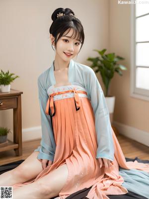 A woman in a green and pink hanbok sitting on a bed.